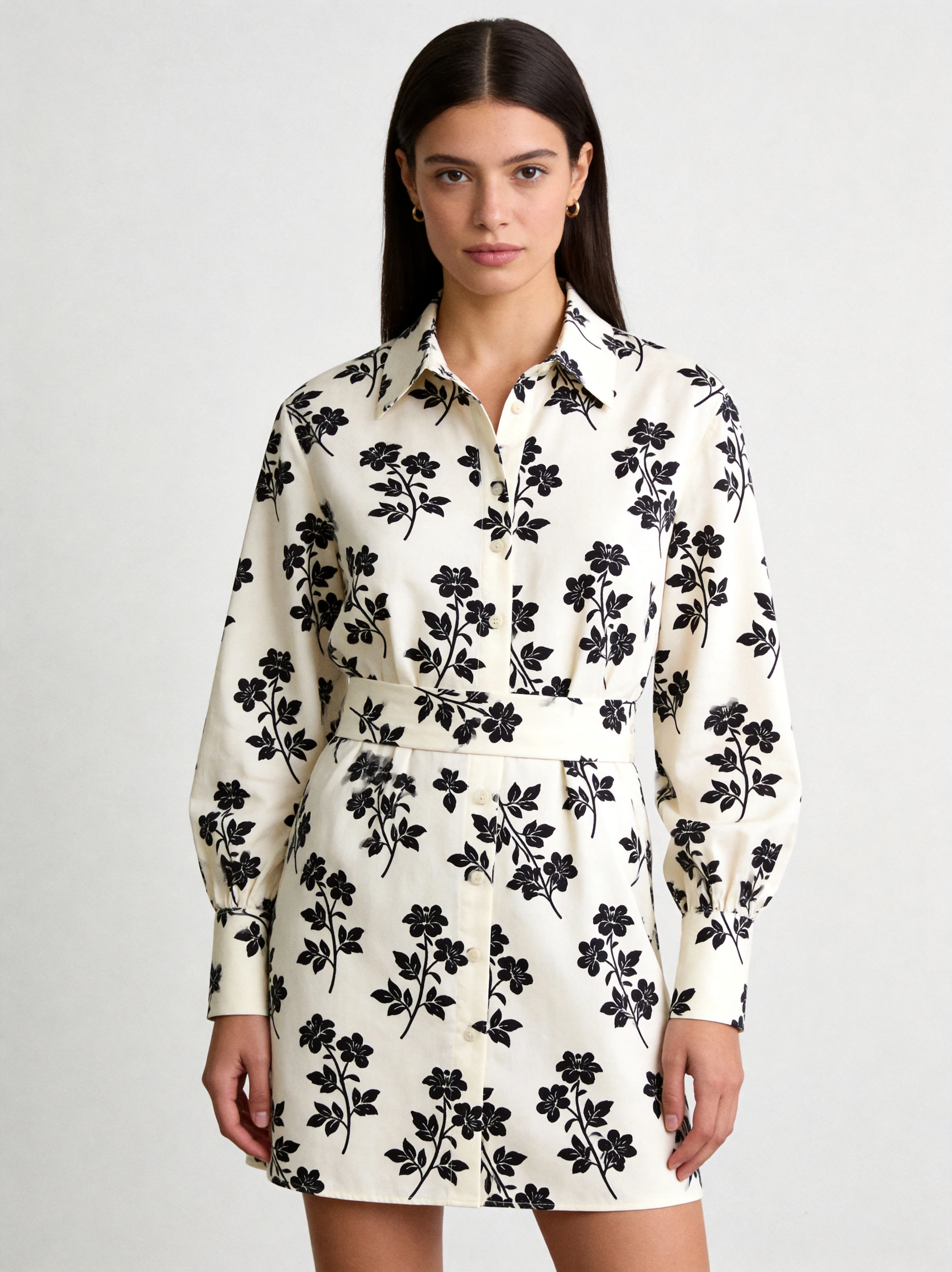 8135 print shirt dress on model