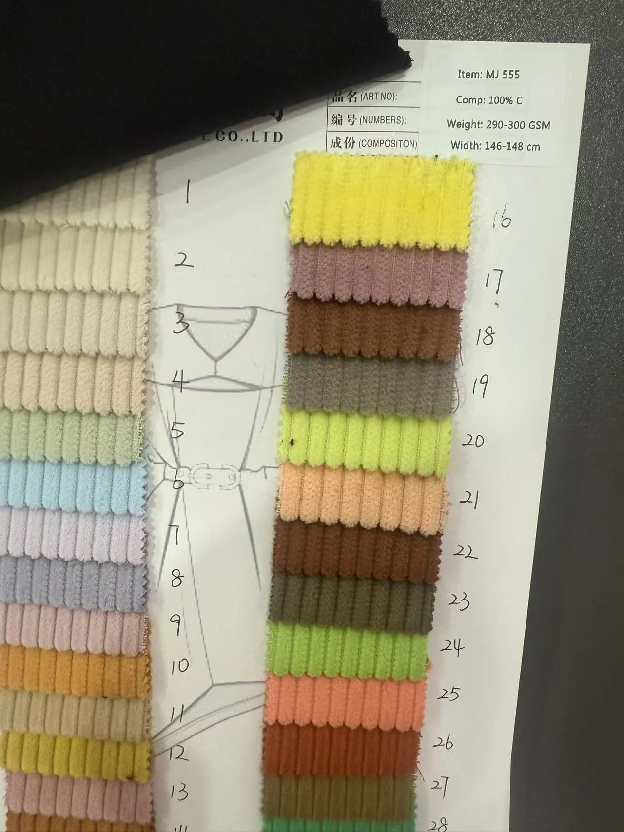MJ555 wide wale corduroy color card — colors 1 to 28