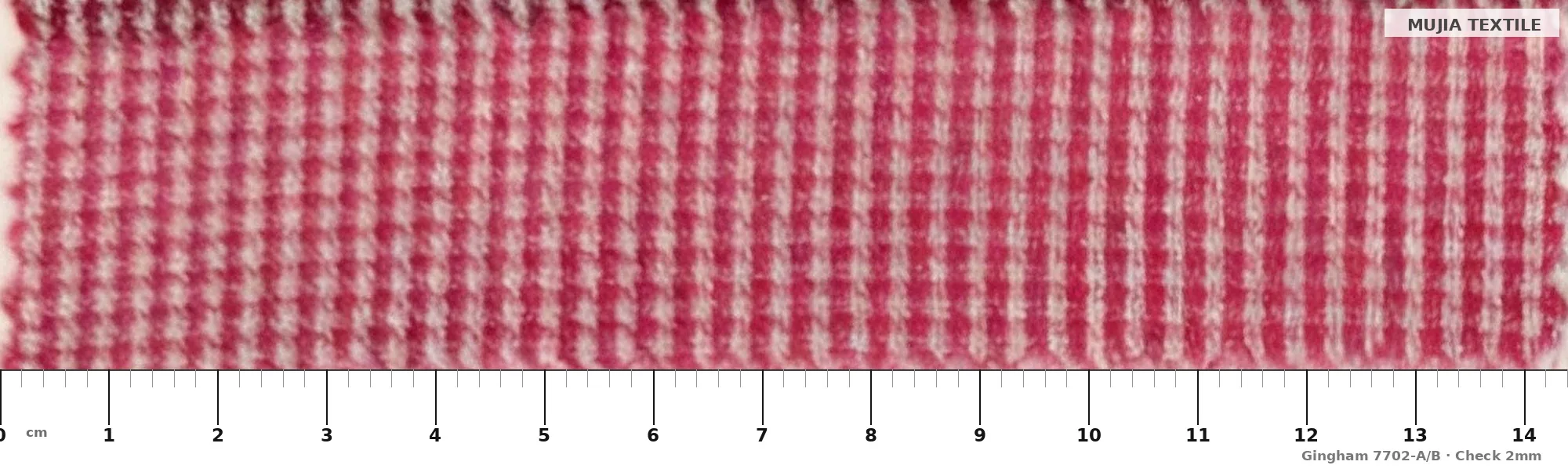 Full-width shot of 7702 A/B fine check gingham — rose and white, woven 2 mm check pitch