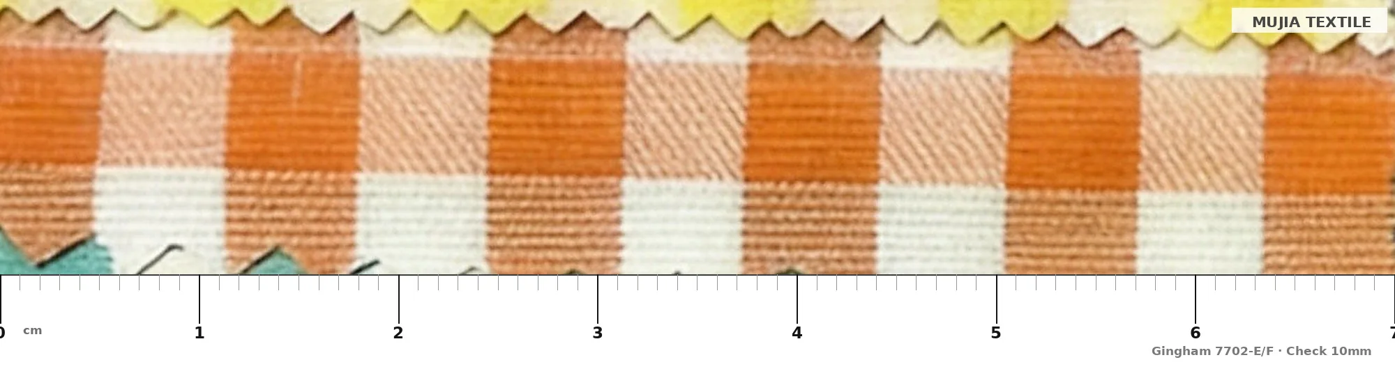Full-width shot of 7702 E/F mid-large check gingham — orange and white, woven 10 mm check pitch