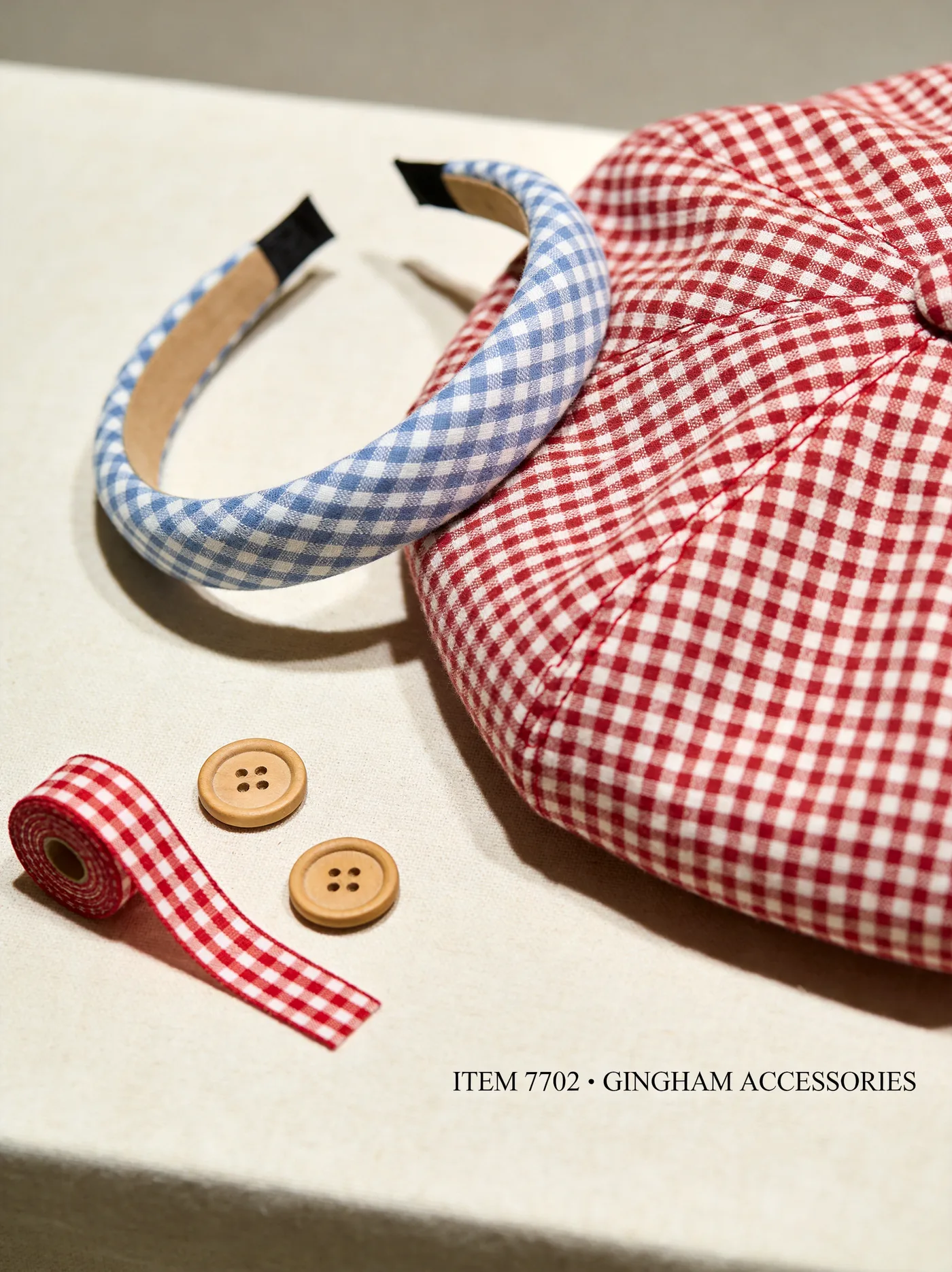 100 GSM cotton vichy gingham accessories in red & white, fine check — magazine-grade product photography
