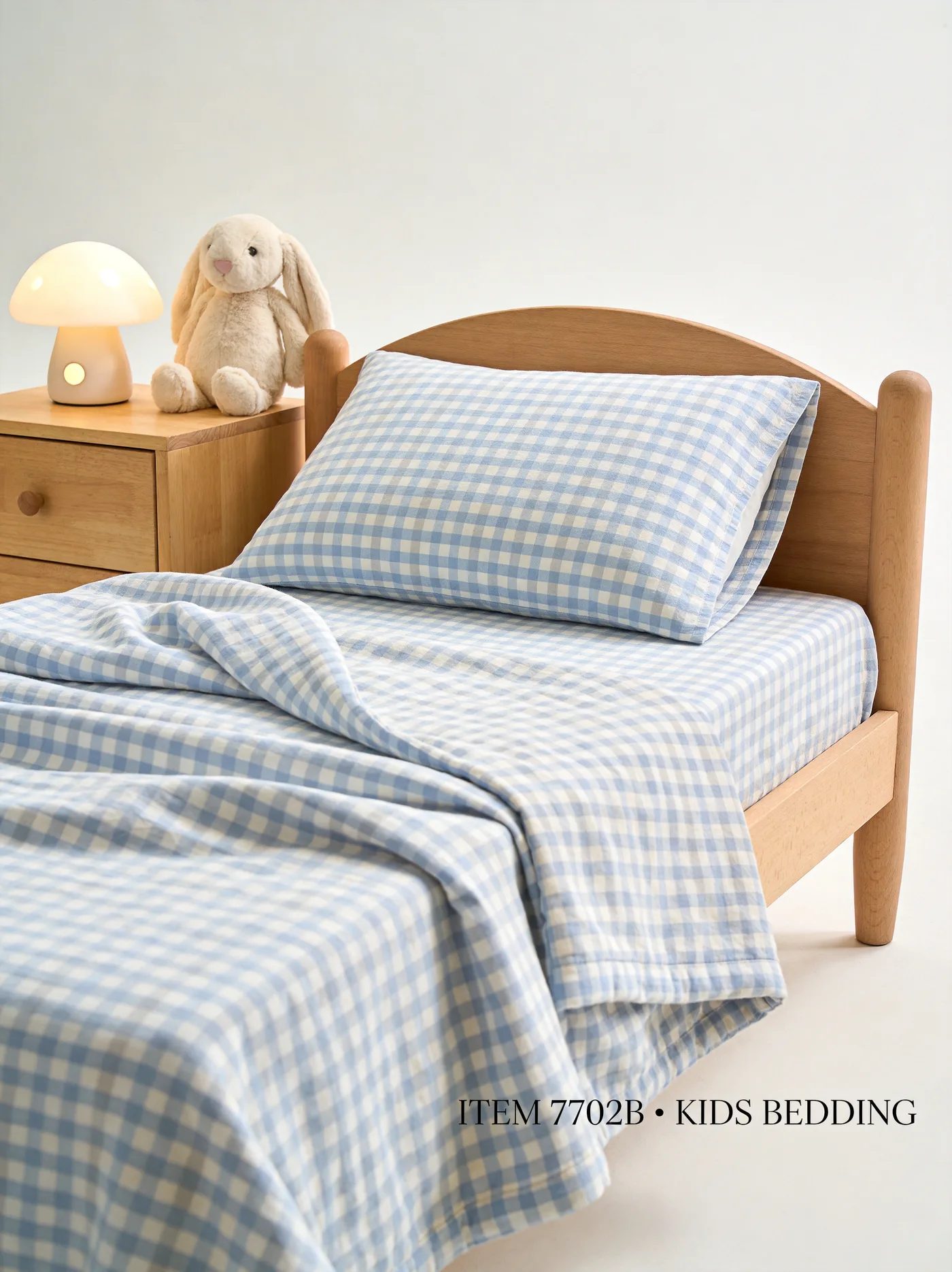 100 GSM cotton vichy gingham kids bedding in blue & white, fine check — magazine-grade product photography