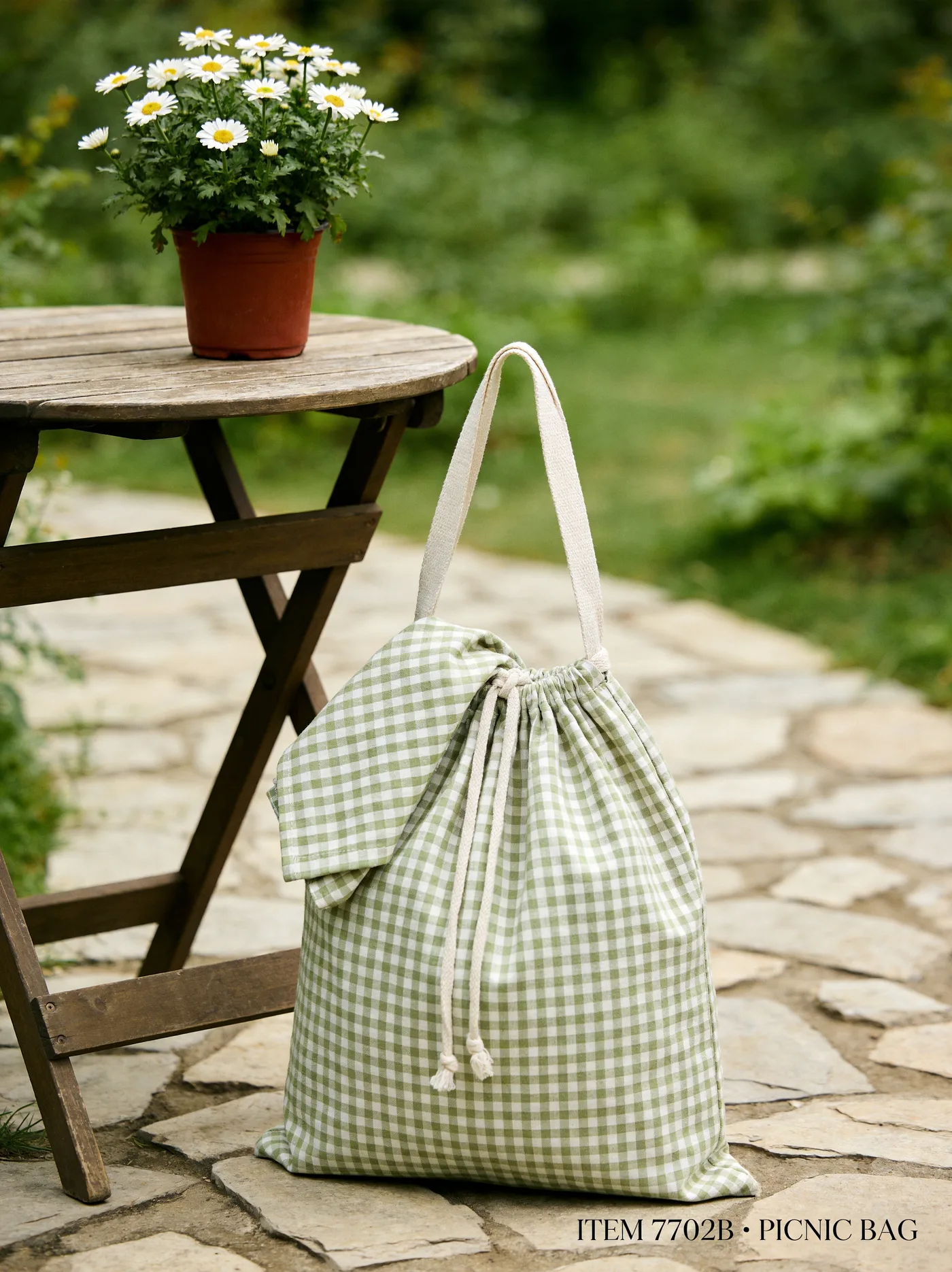 100 GSM cotton vichy gingham picnic bag in green & white, fine check — magazine-grade product photography