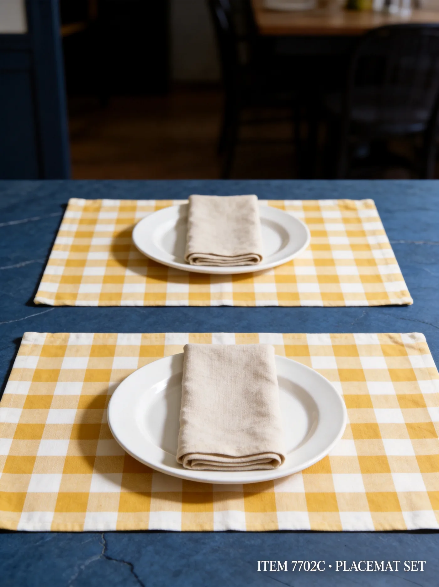 100 GSM cotton vichy gingham placemat set in yellow & white, medium check — magazine-grade product photography