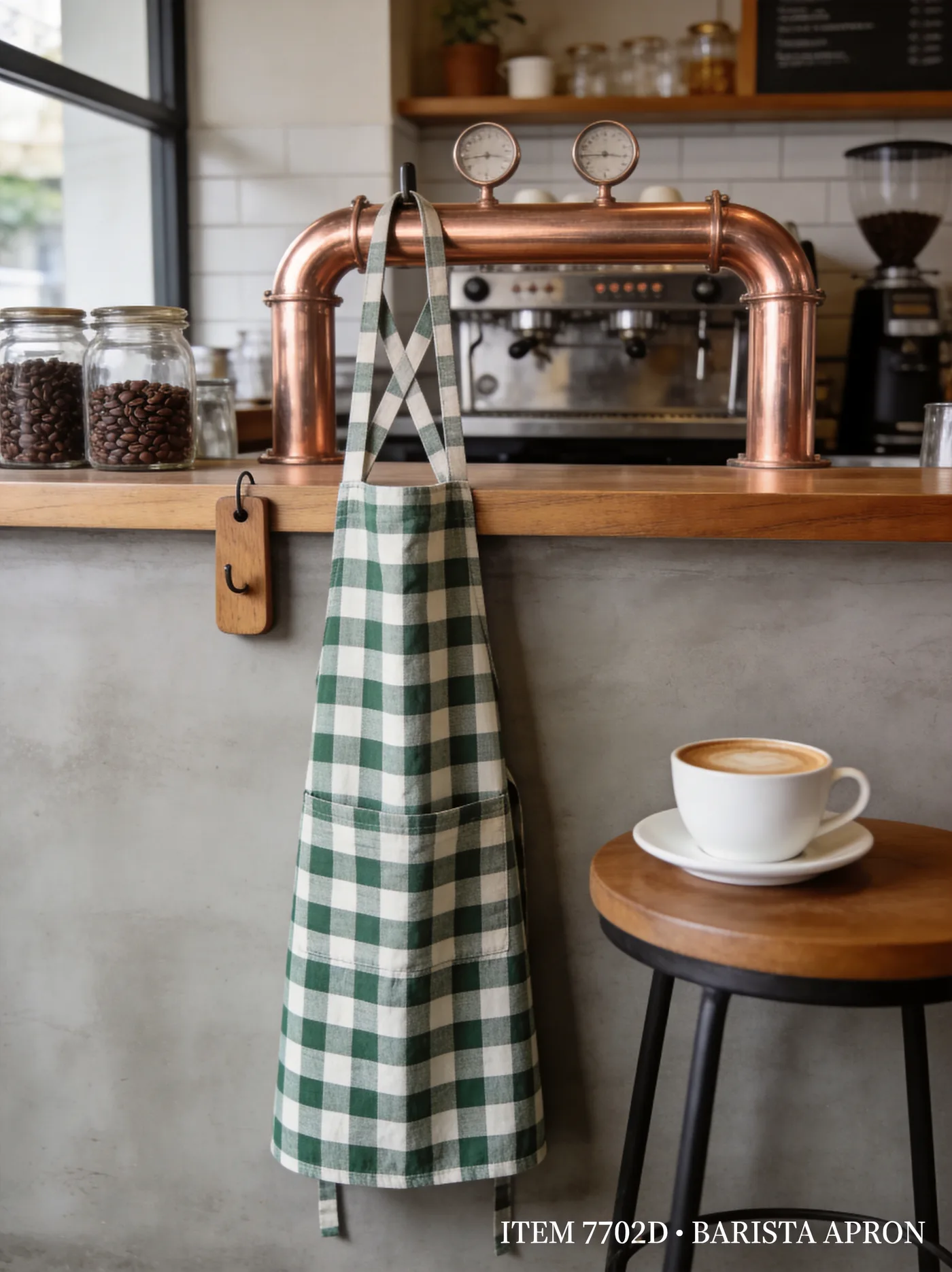 100 GSM cotton vichy gingham barista apron in green & white, medium check — magazine-grade product photography