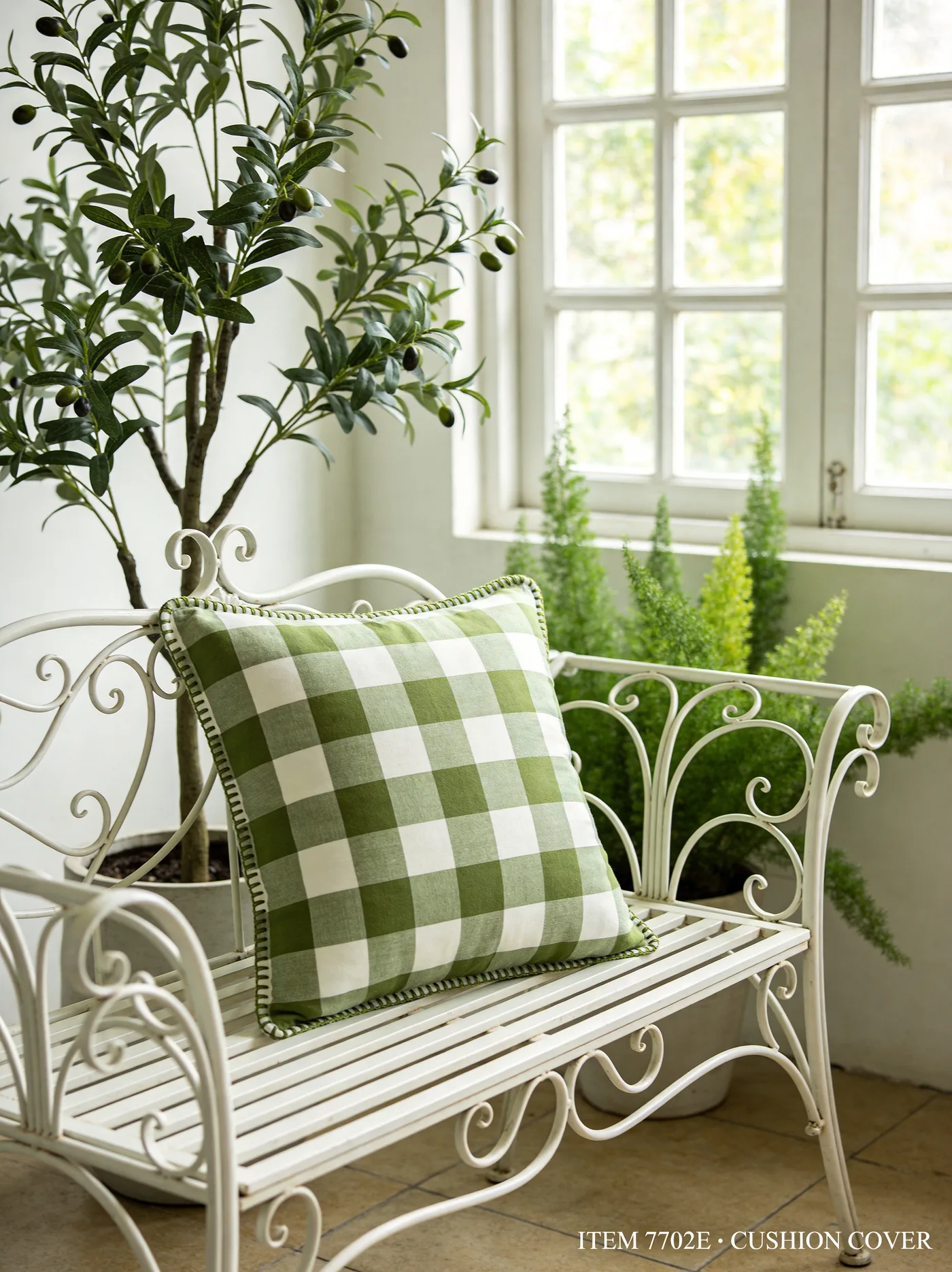 100 GSM cotton vichy gingham cushion cover in green & white, mid-large check — magazine-grade product photography