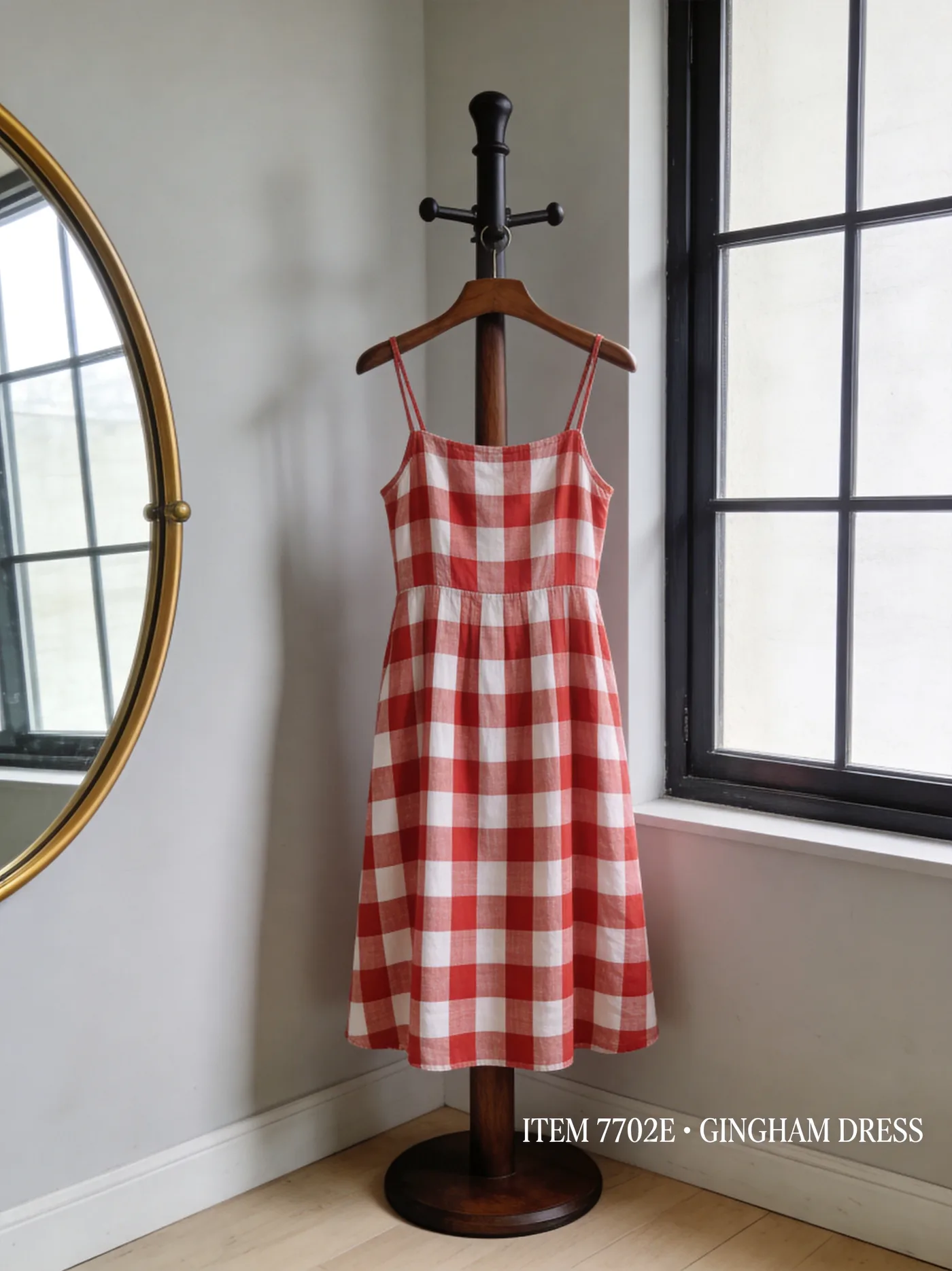 100 GSM cotton vichy gingham gingham dress in red & white, mid-large check — magazine-grade product photography