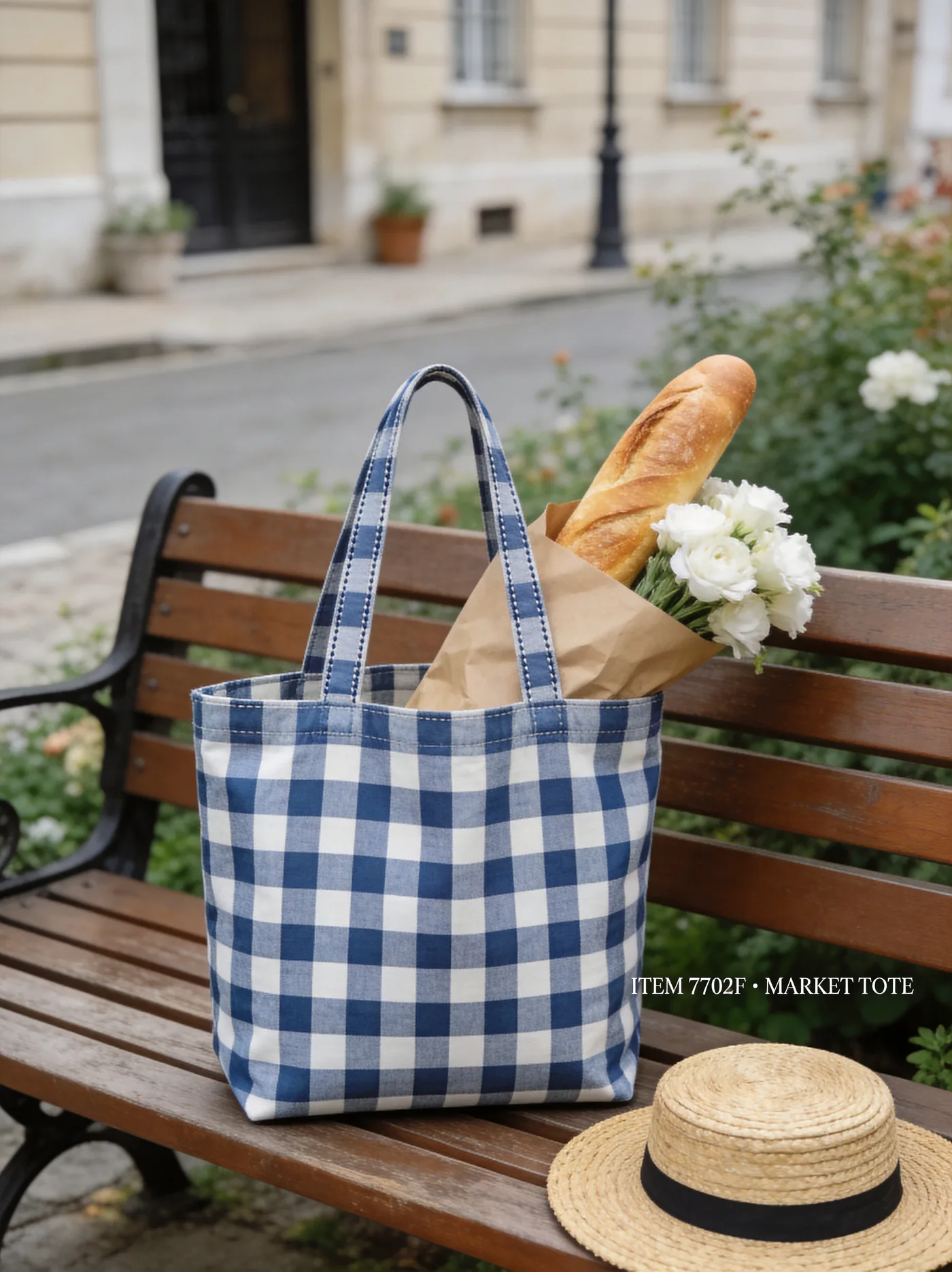 100 GSM cotton vichy gingham market tote in blue & white, mid-large check — magazine-grade product photography