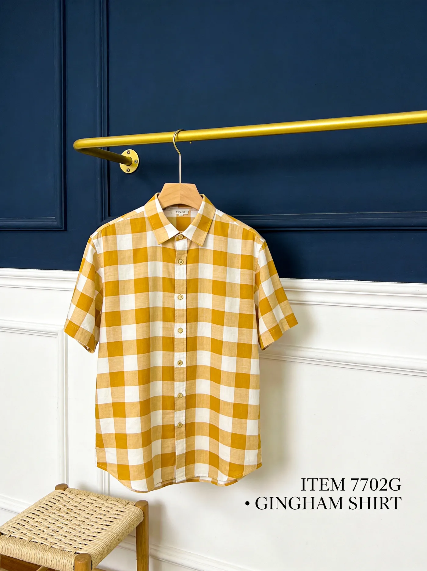 100 GSM cotton vichy gingham gingham shirt in yellow & white, large check — magazine-grade product photography
