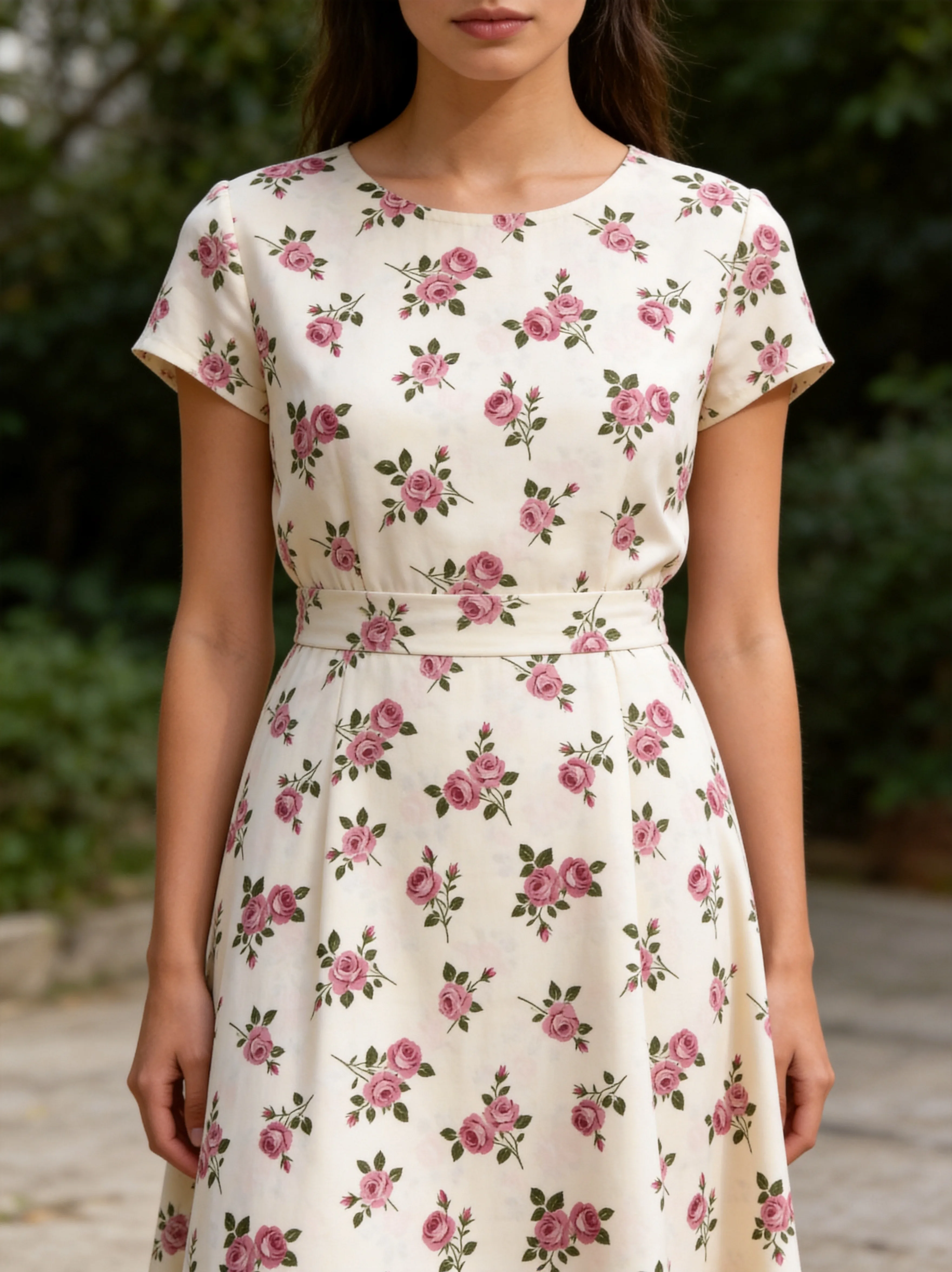 M4011 print A-line dress on model