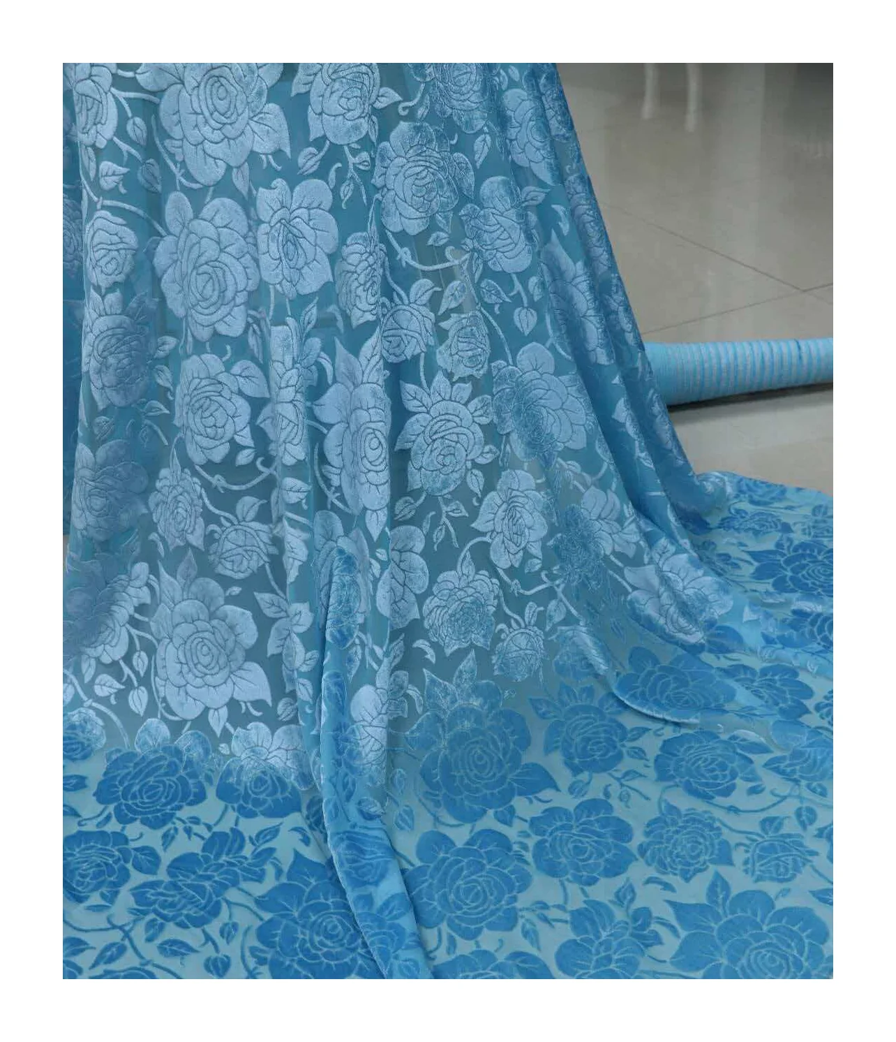 rose vine floral burnout devore velvet in lake blue