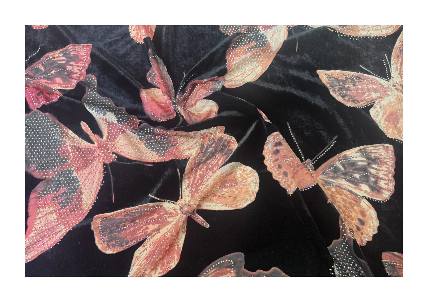 rhinestone embellished butterfly velvet fabric black pink
