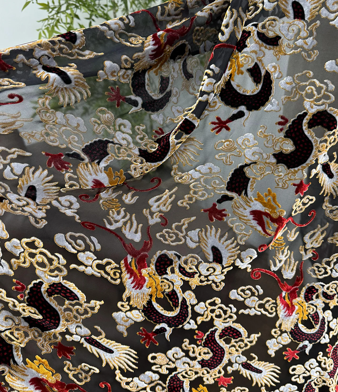 burnout velvet multi-color Chinese cloud-and-dragon motif on black