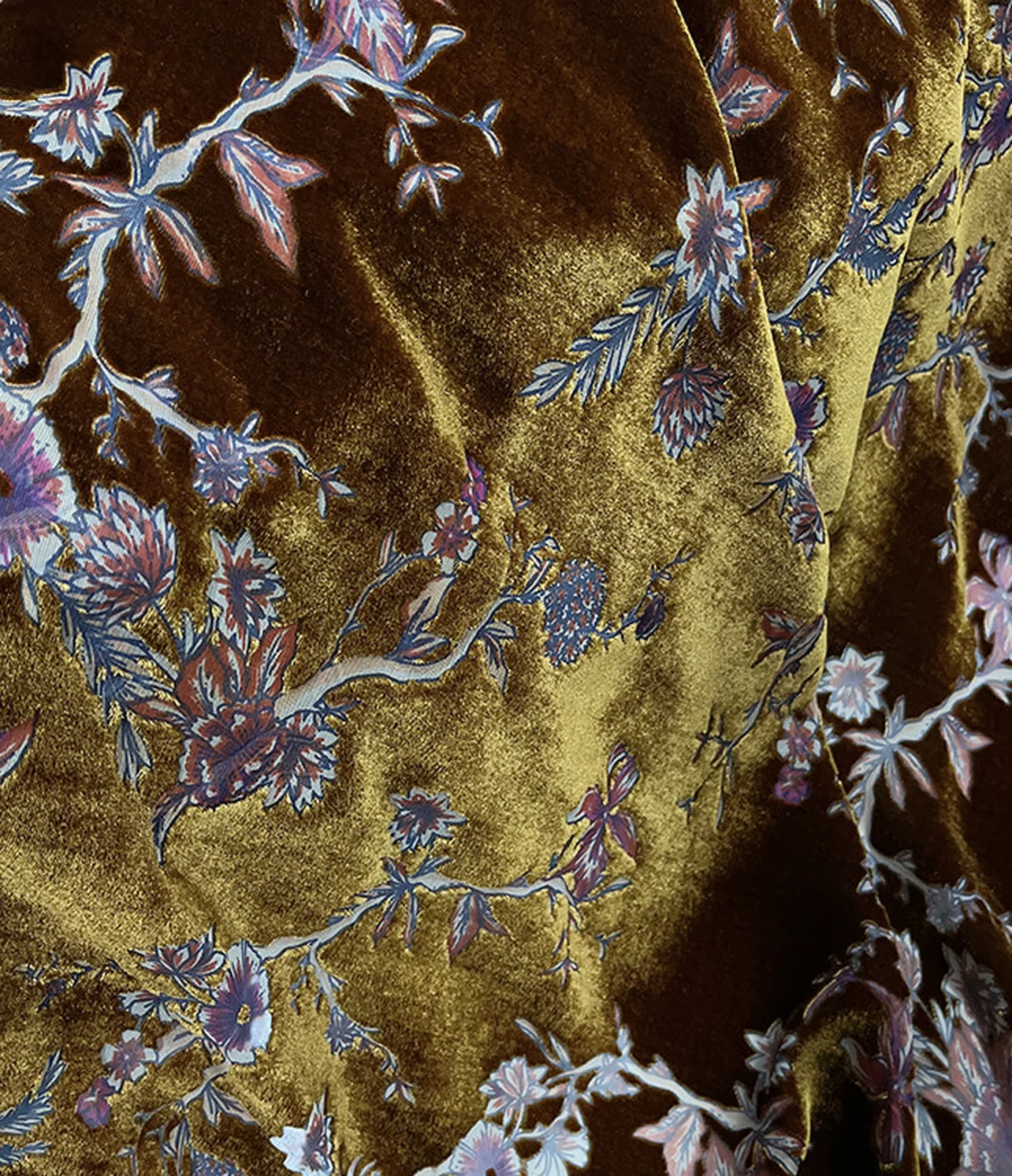 burnout velvet golden floral branches with soft roses on bronze