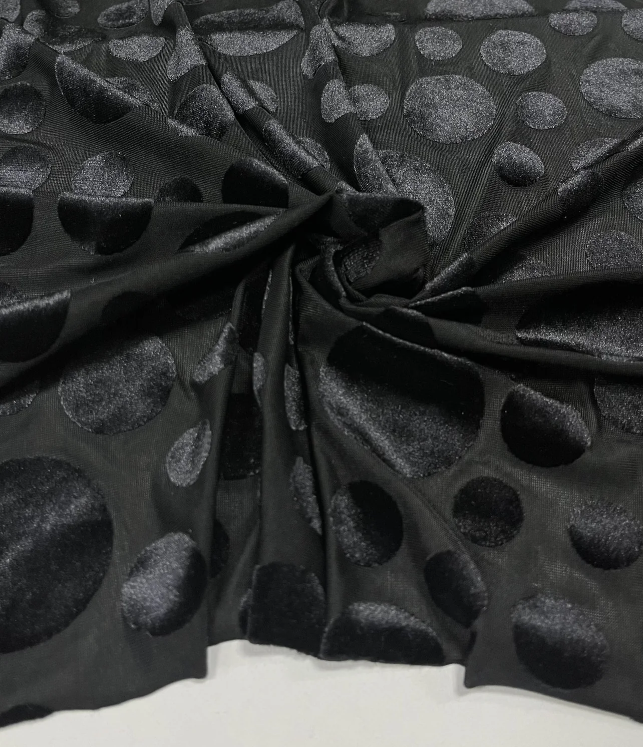 burnout velvet grey polka dots on black sheer ground