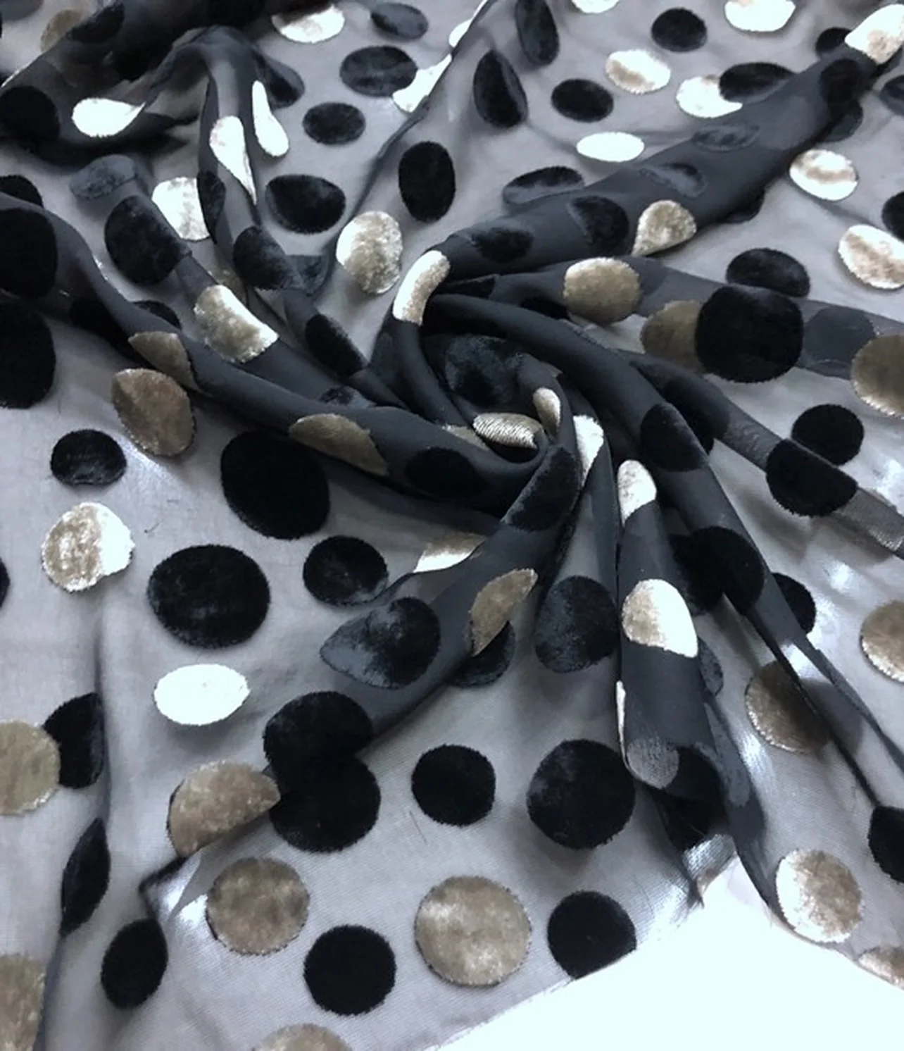 burnout velvet black polka with silver metallic dot on silver ground