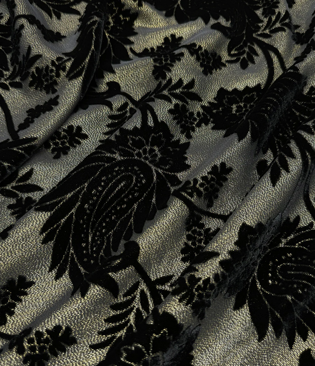 burnout velvet olive-grey damask floral on sheer ground