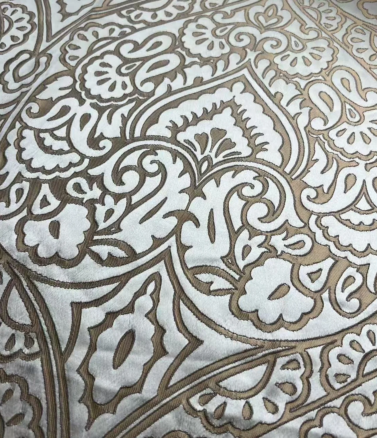 burnout velvet large white paisley scrollwork on beige