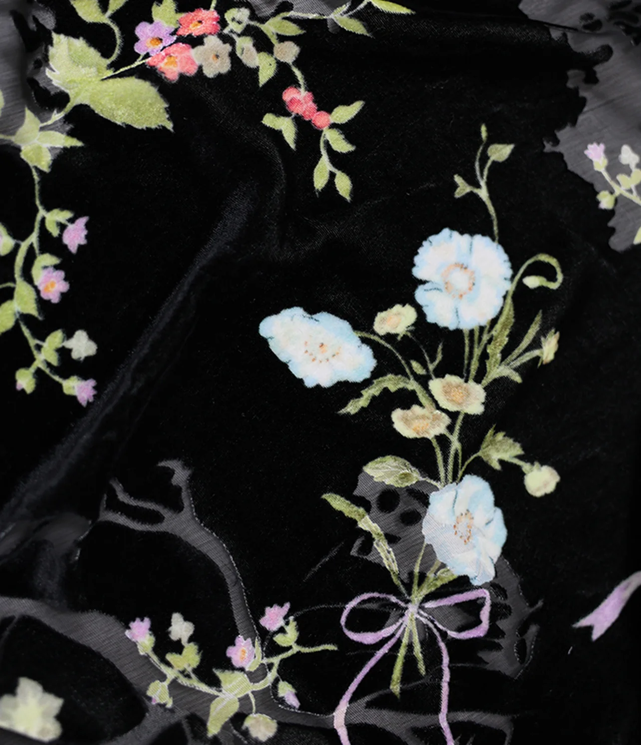 burnout velvet scattered small white/pink flowers on black