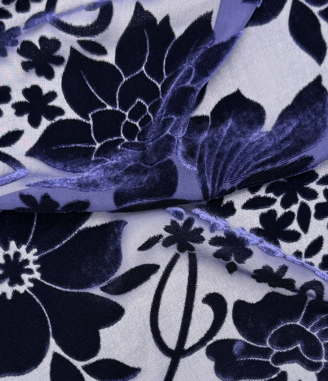 burnout velvet white cut-out floral silhouette on navy