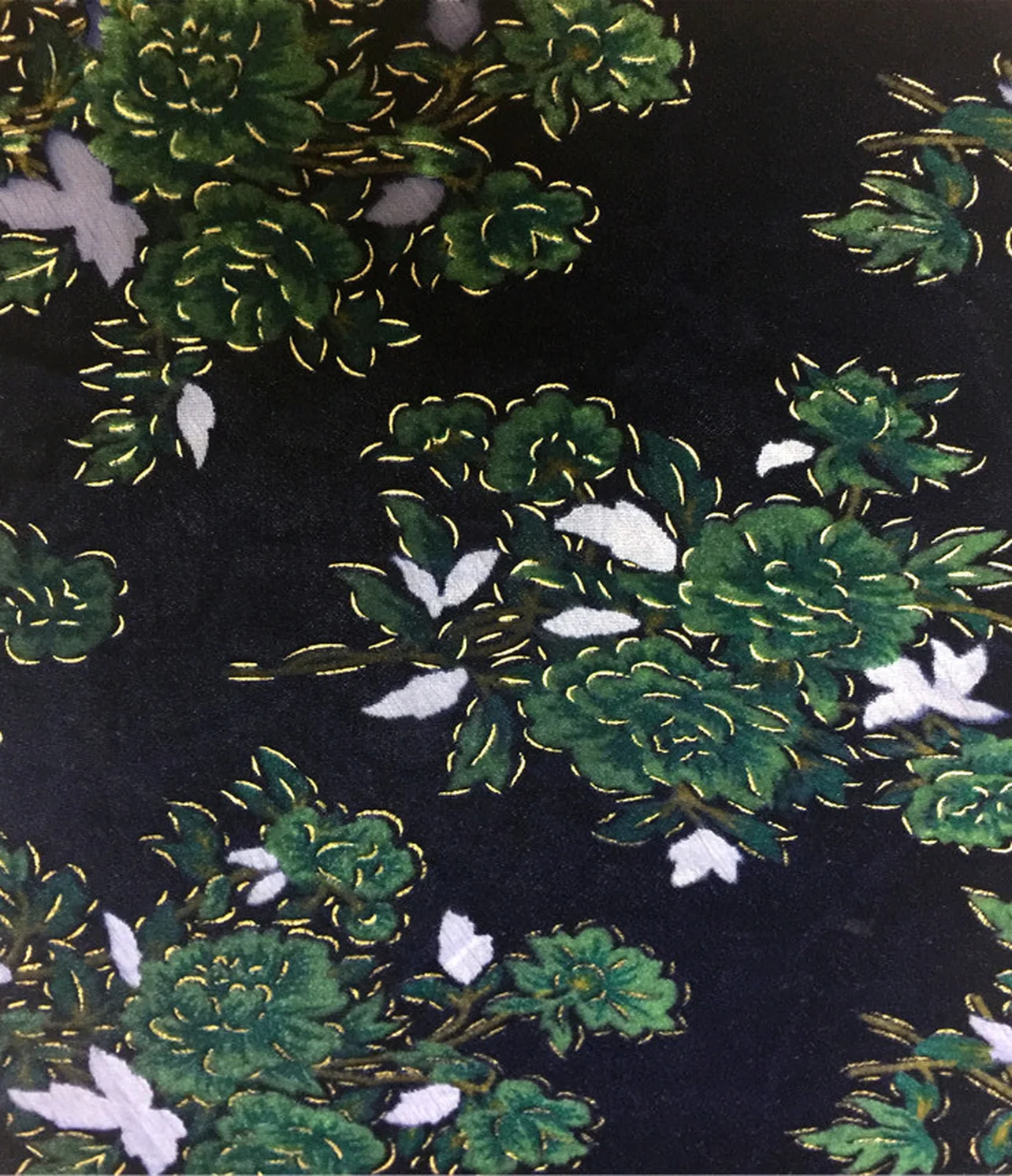 burnout velvet large green leaves with butterflies on black