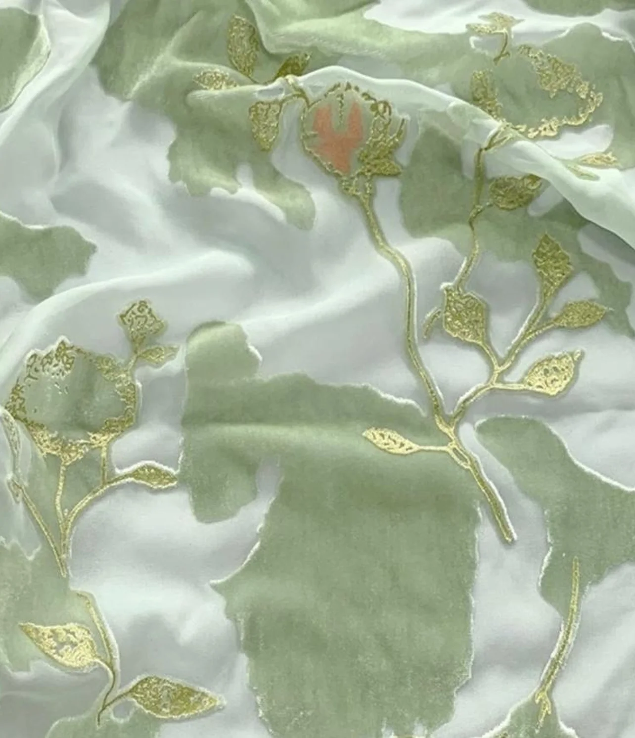 burnout velvet pale mint ground with gold trailing vine