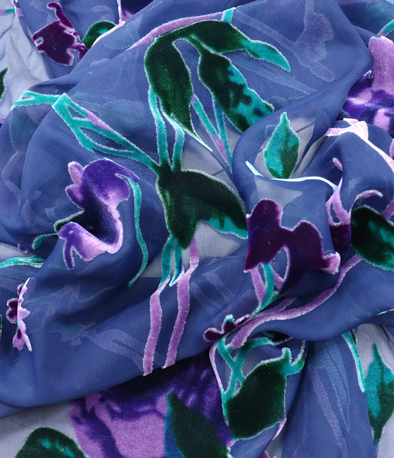 burnout velvet purple/green/pink exotic floral on sheer