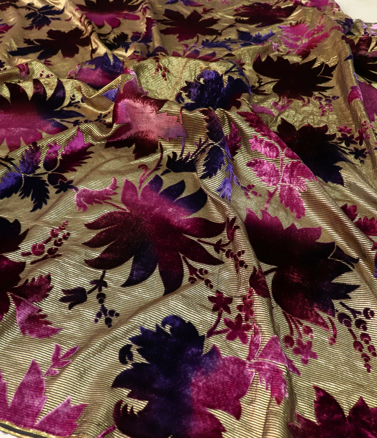 burnout velvet ruby/purple flowers with gold leaf
