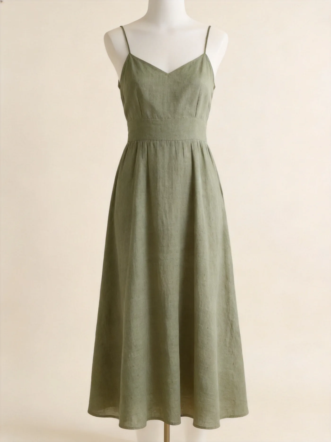 MJ 1212 sage green linen-viscose slip midi dress, AI design visualization