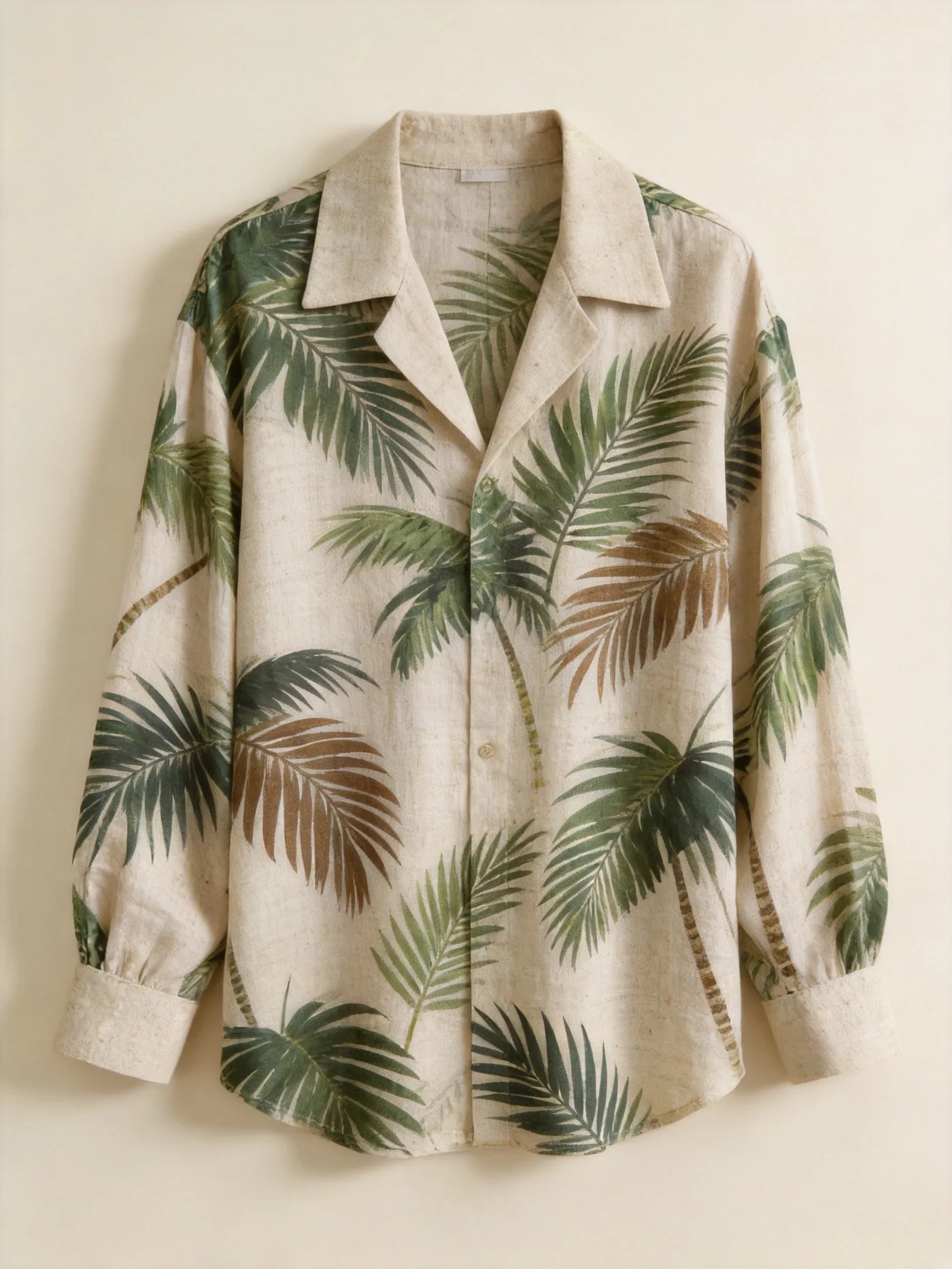 MJ 1212 tropical palm leaf print resort shirt on MJ 1212 slub base, AI print design visualization
