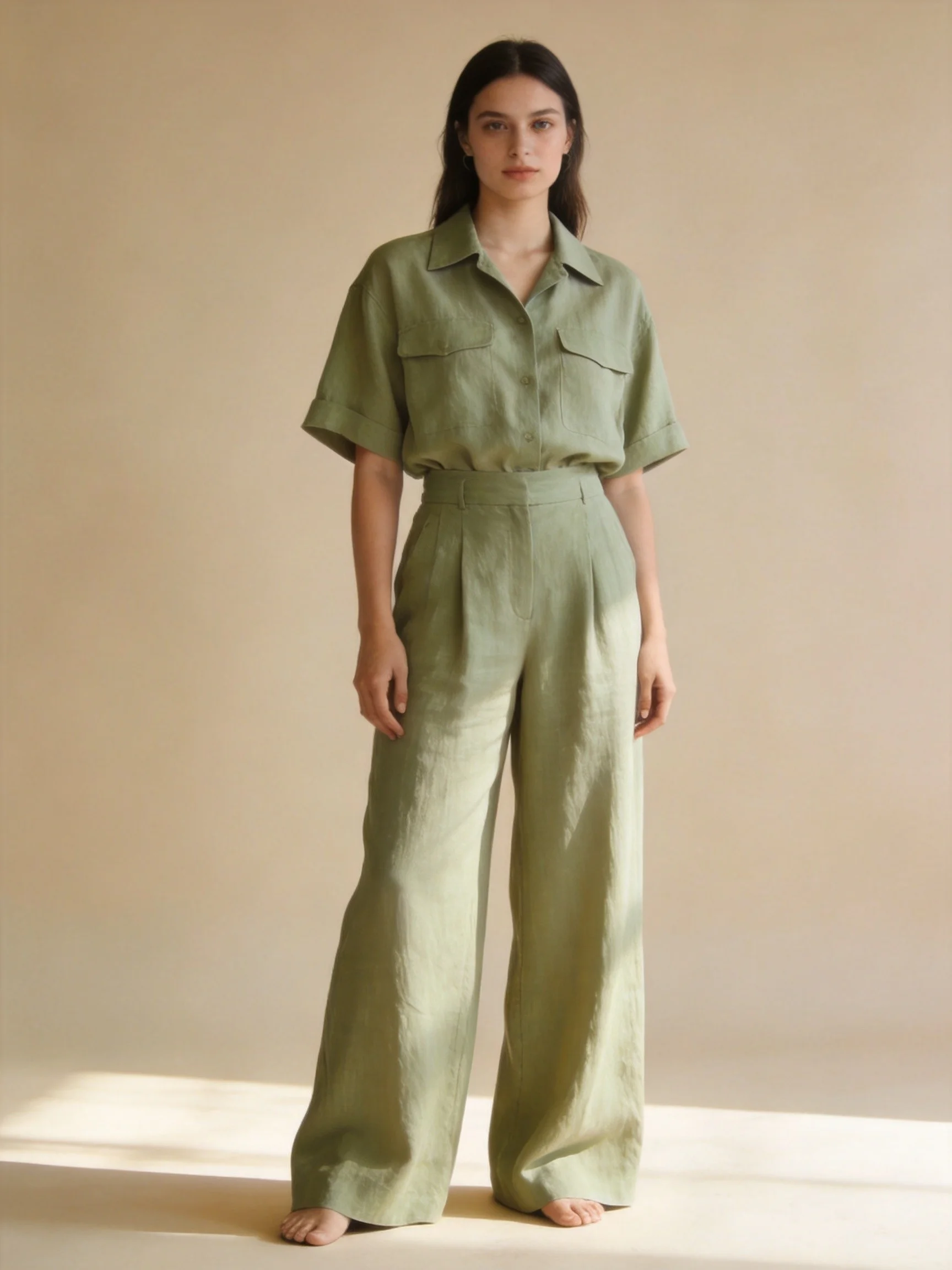 Conjunto resort en verde salvia: camisa camp y pantalones de pierna ancha en lino-viscosa lavado arena