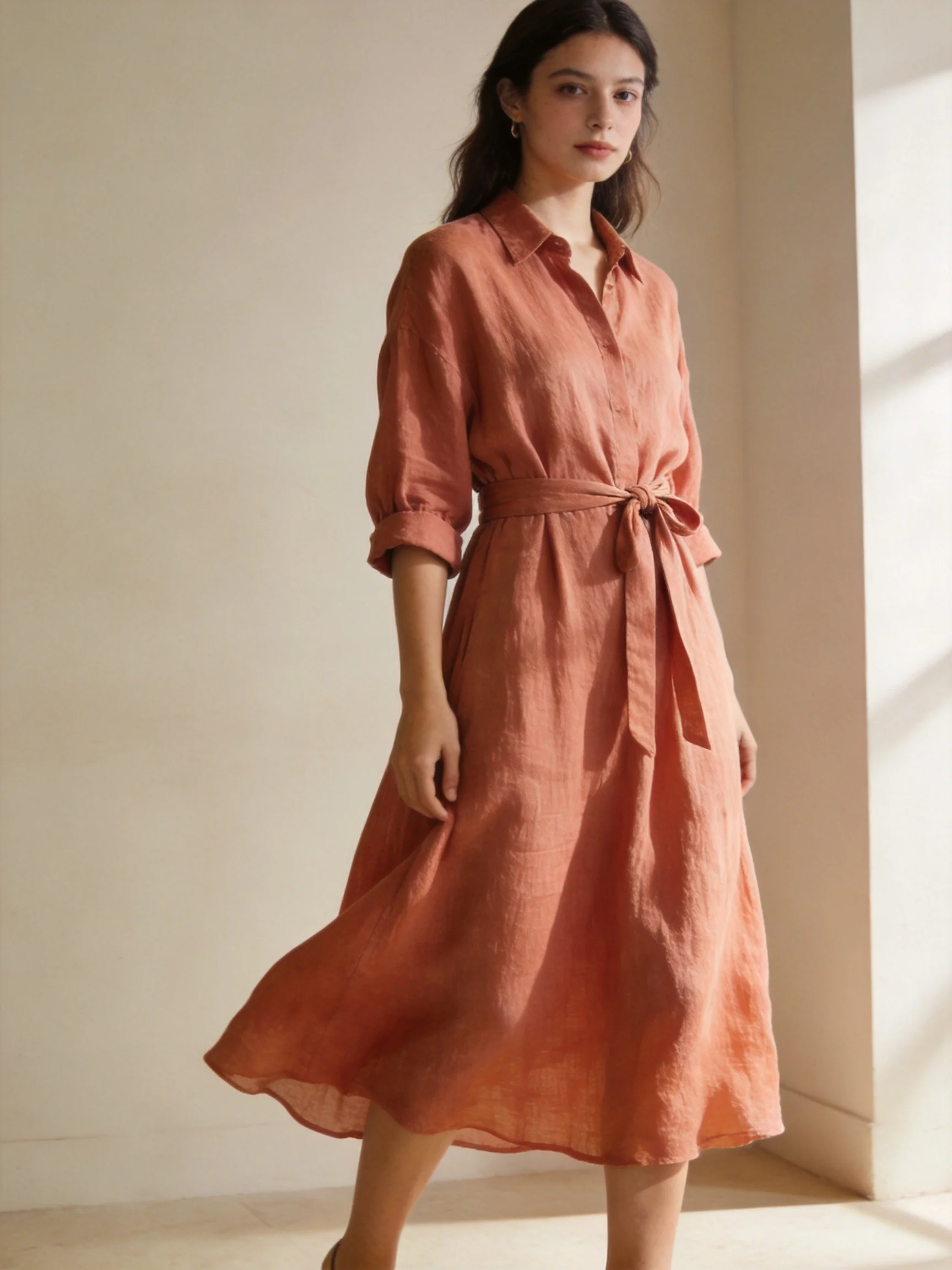 Vestido camisero midi terracota en lino-viscosa lavado arena con cinturón de lazo