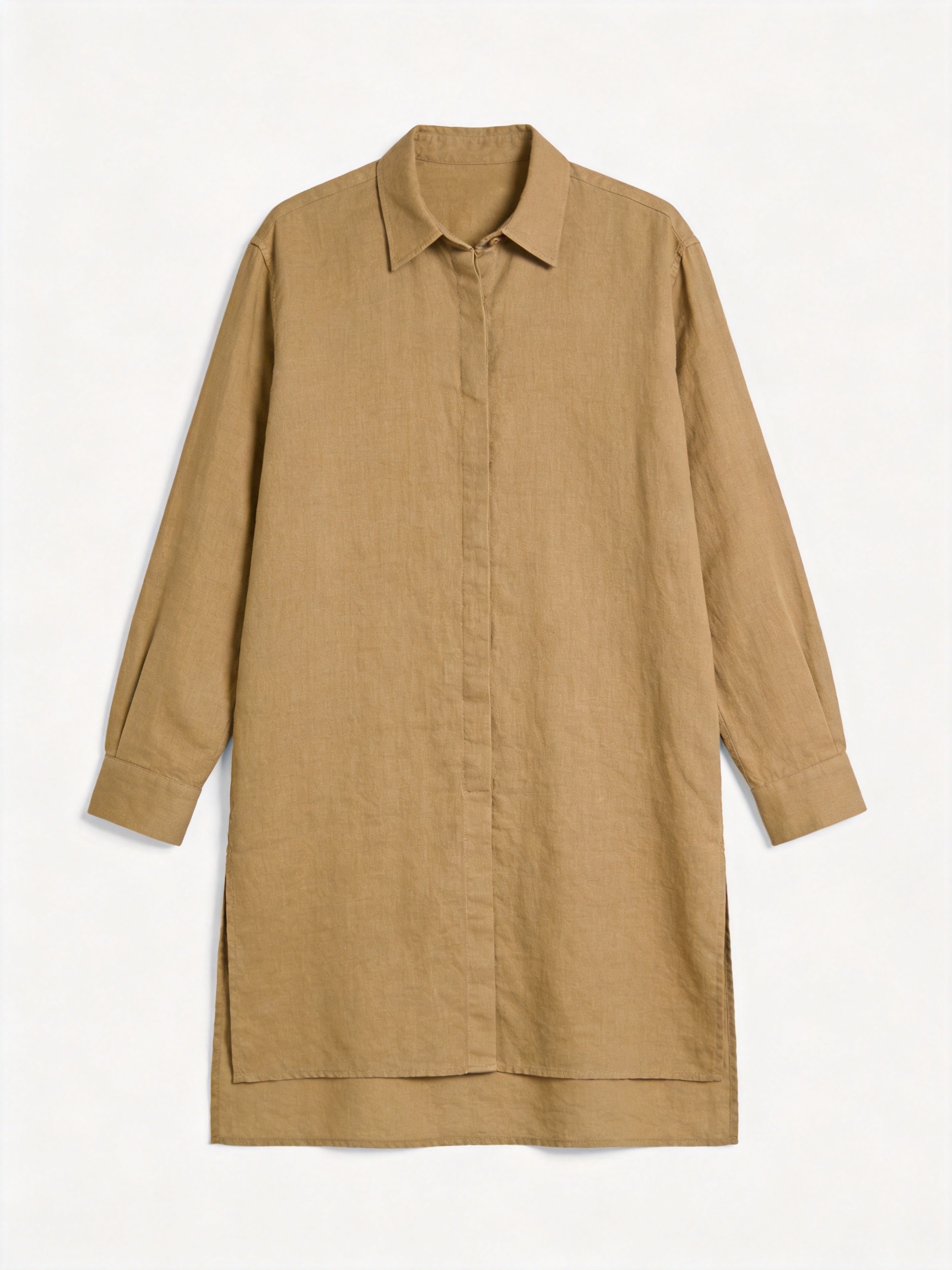 Woman wearing natural khaki MJ 5506 linen cotton slub shirt