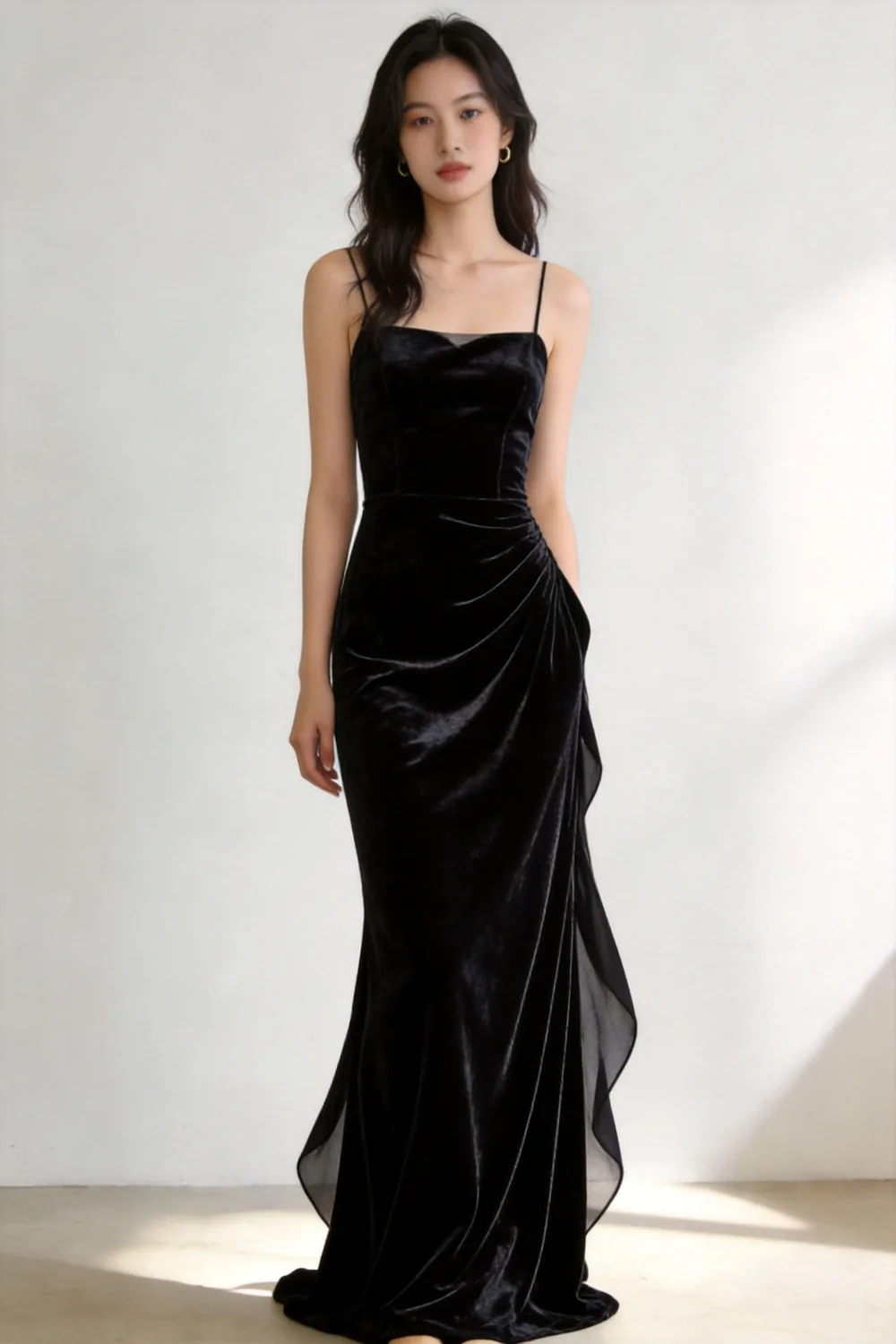 Black stretch velvet strappy floor-length evening gown made from MJ 7124