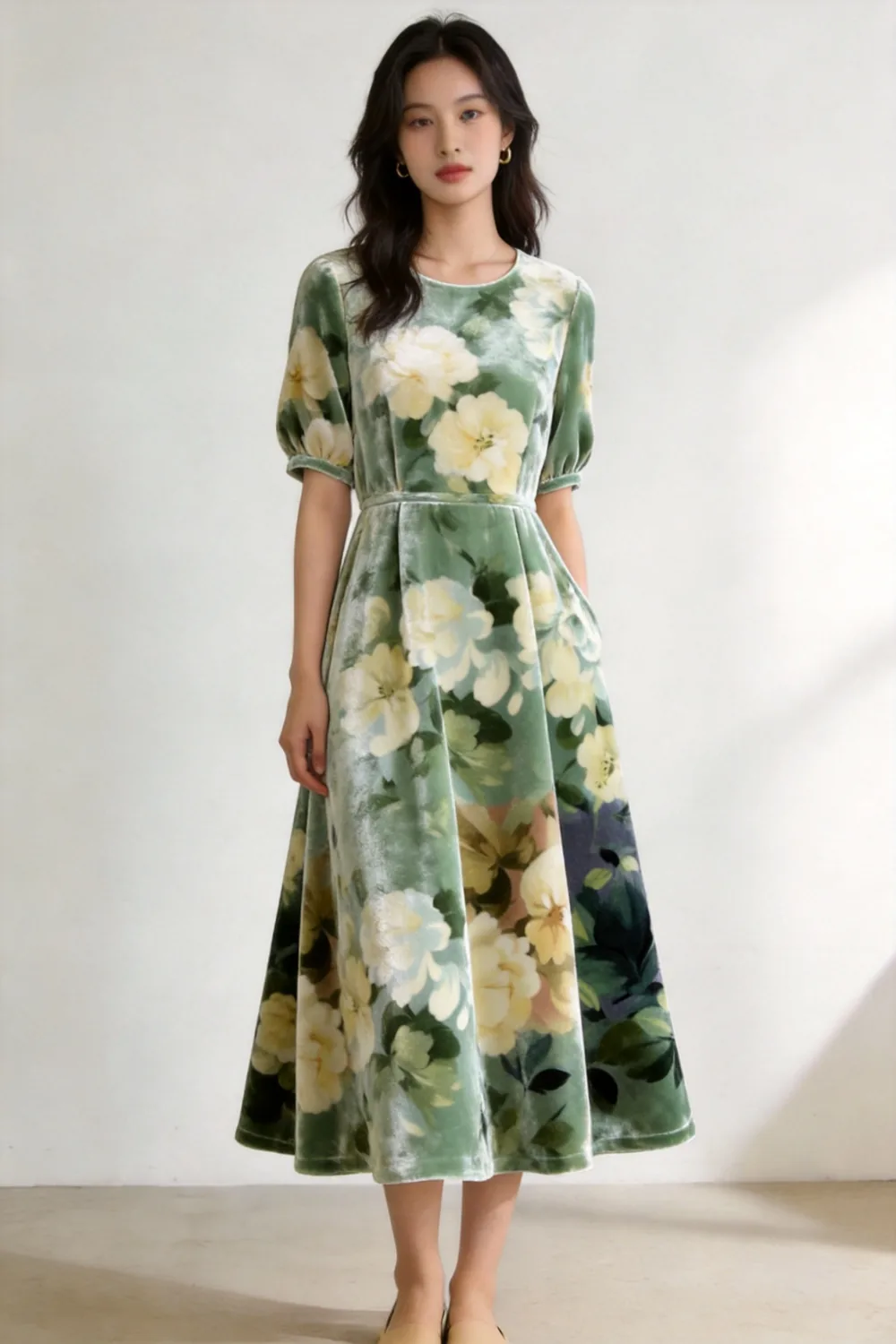 Green digital floral printed stretch velvet midi dress made from MJ 7124