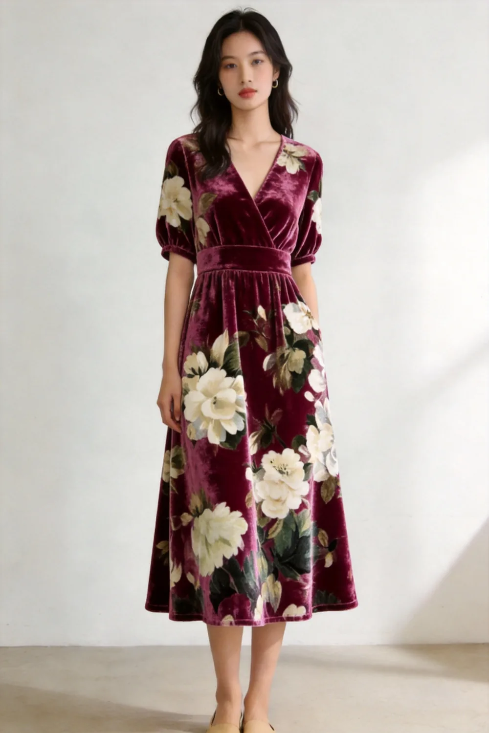 Wine digital floral printed stretch velvet wrap tea dress made from MJ 7124