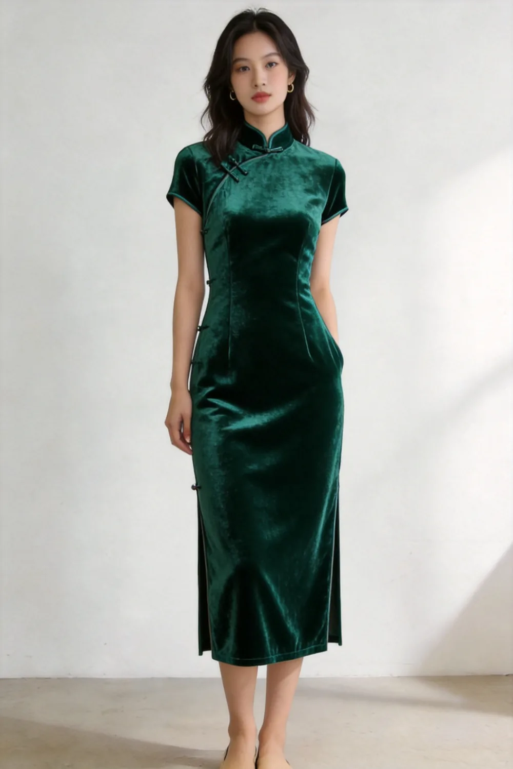 Emerald stretch velvet modernised qipao cheongsam made from MJ 7124