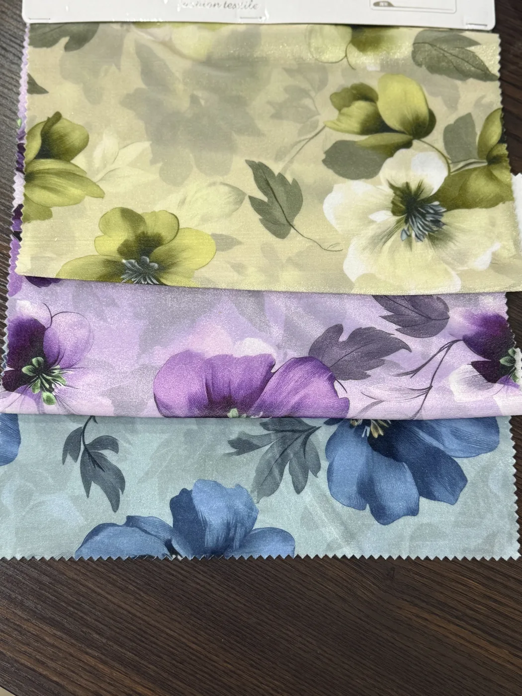 Additional digital floral print velvet colorways on olive, lilac and dusty blue grounds