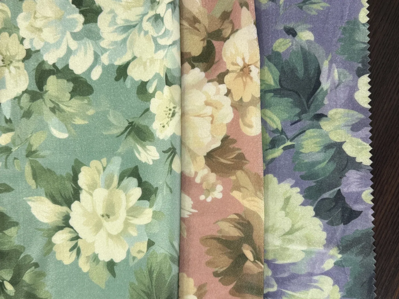 Digital floral printed velvet in teal, dusty pink and lavender grounds