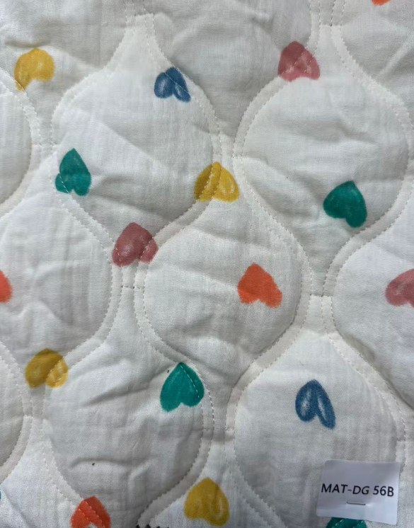 Q-03 white fabric with colorful mini hearts print, MAT-DG 56B label