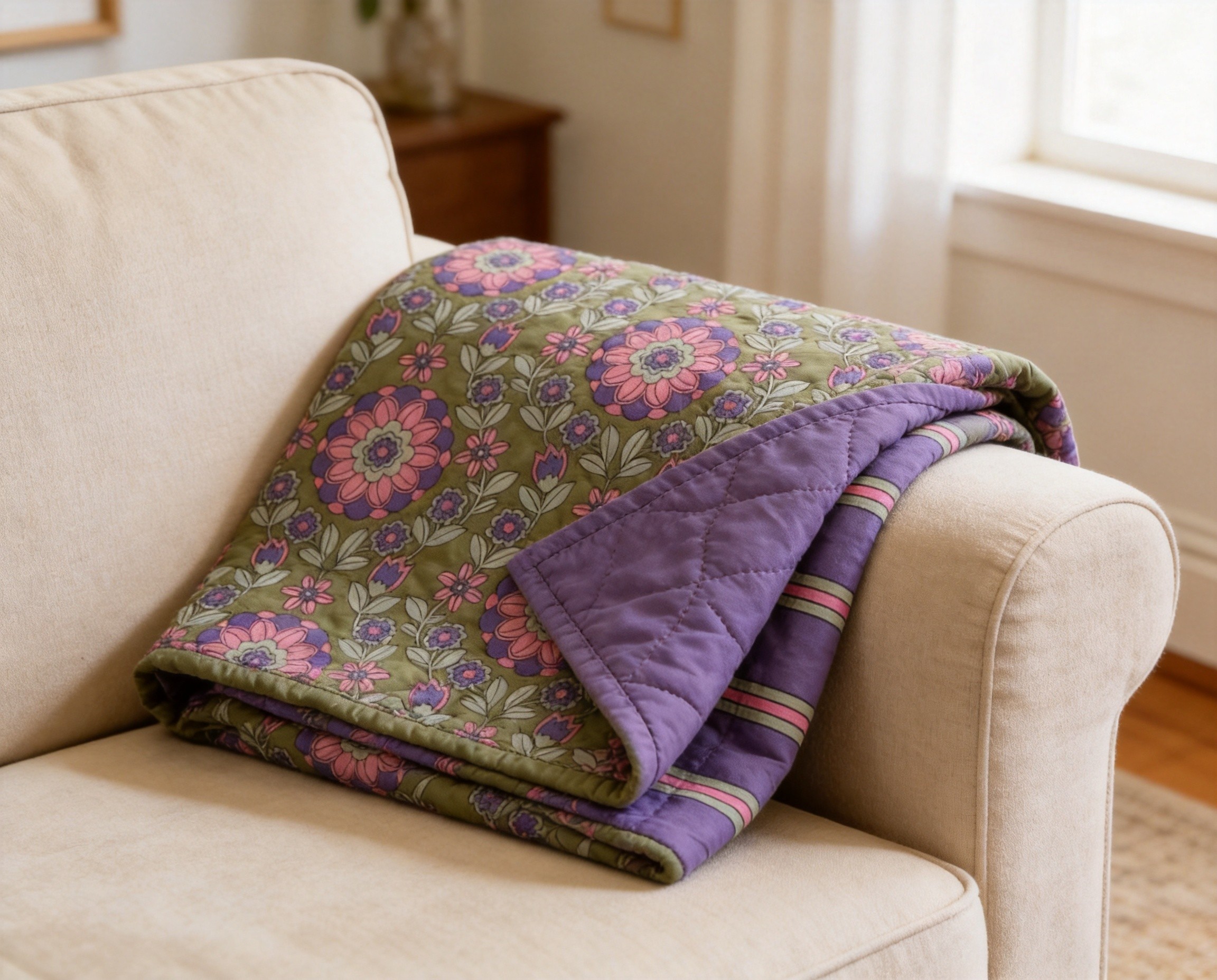 Sofa throw blanket made with Q-04 double-faced quilted fabric