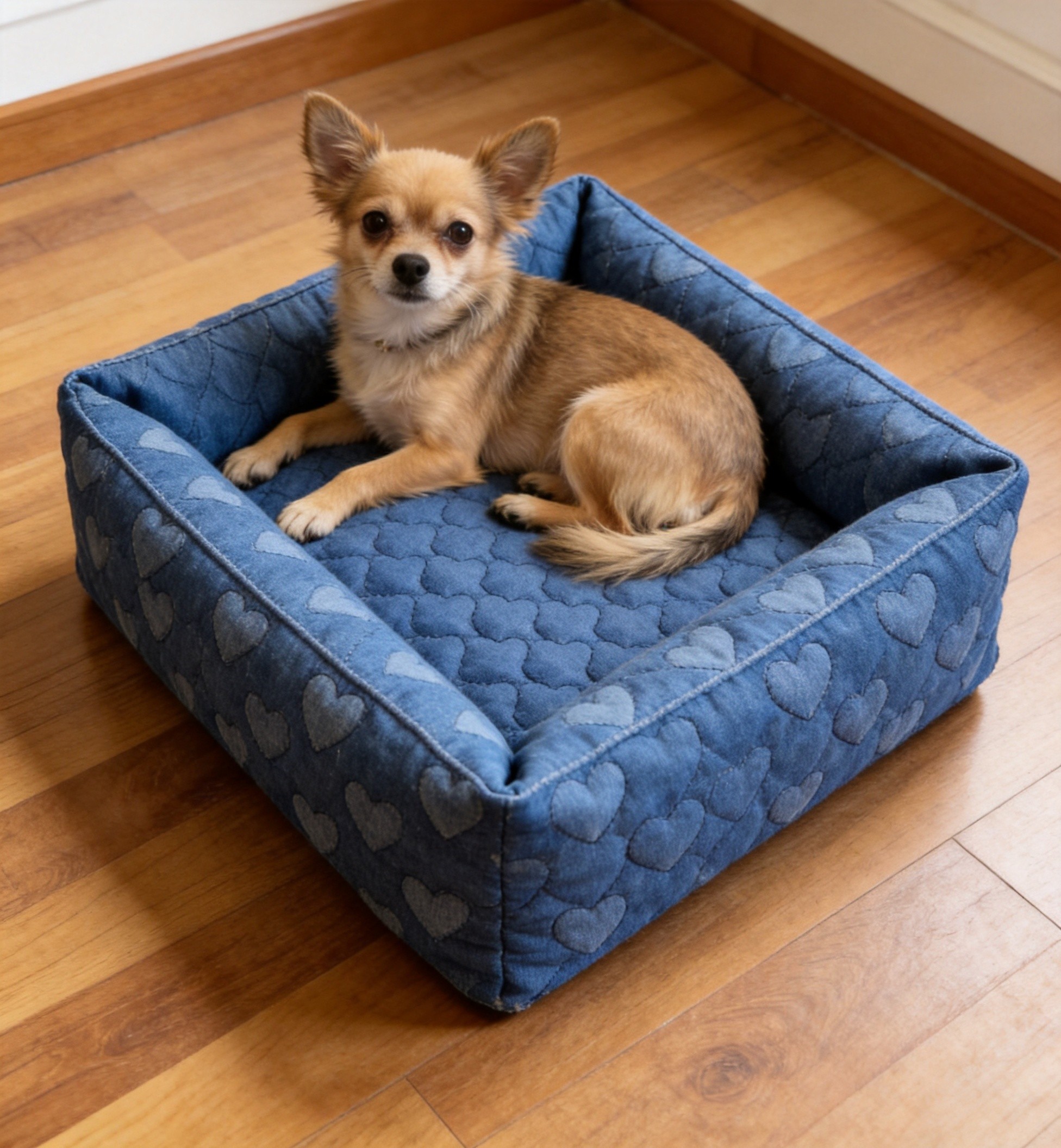 Pet bed mat made with Q-06 blue hearts quilted fabric